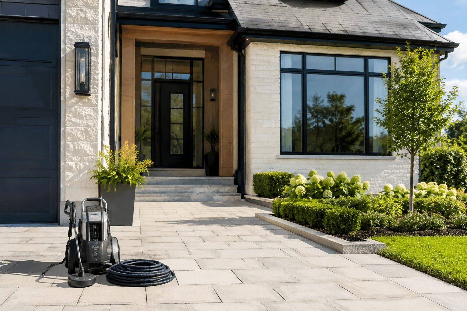 A clean modern home exterior prepared for professional pressure washing