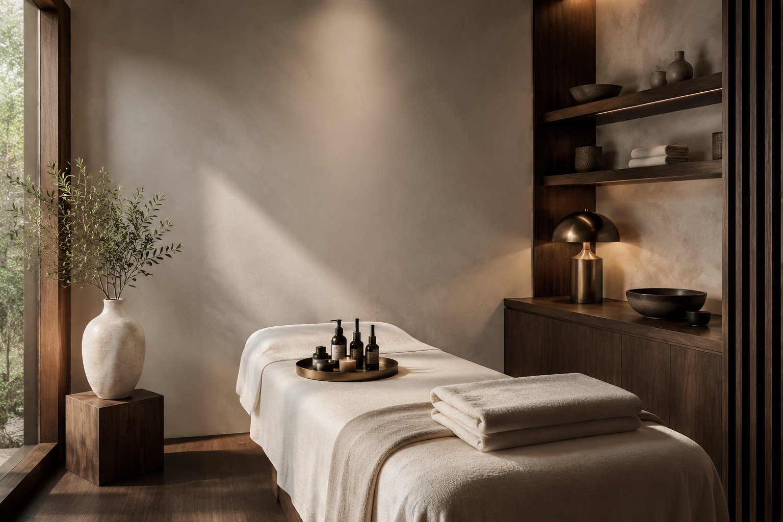 A calm, elevated wellness studio interior